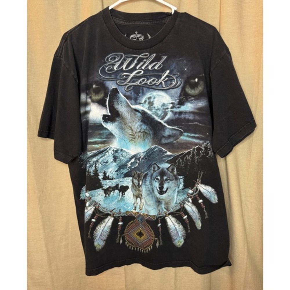 Wild Look Wolf Mountain Graphic‎ T Shirt Black XL Native American Tribal